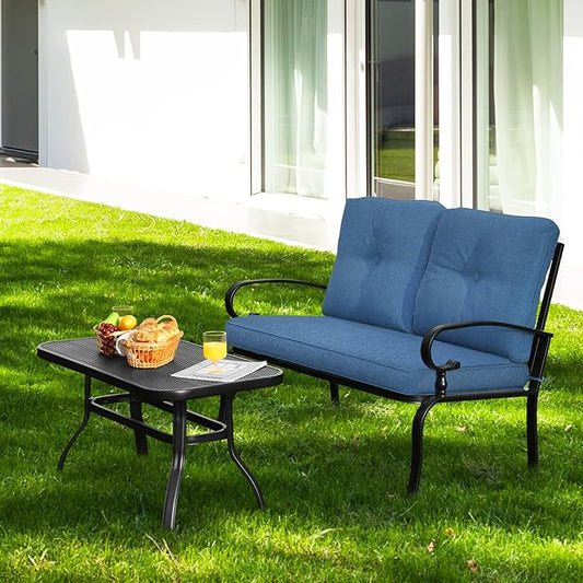 RELAX4LIFE Patio Loveseat with Coffee Table - 2-Piece Patio Conversation Sofa Set w/Backrest & Cushions, Modern Outdoor Glider Bench for Garden, Backyard, Poolside, Metal Porch Furniture (Blue)