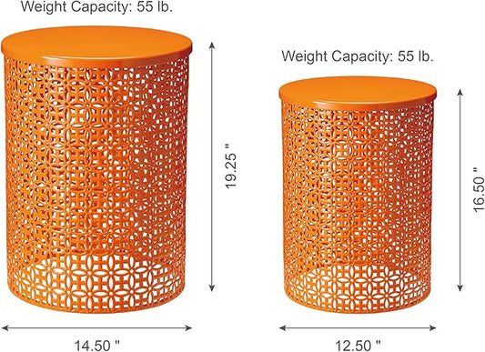 Glitzhome Outdoor Side Table Set of 2, Decorative Garden Stool for Patio Heavy Duty Metal Frame Accent Table Modern End Table, Glossy Orange