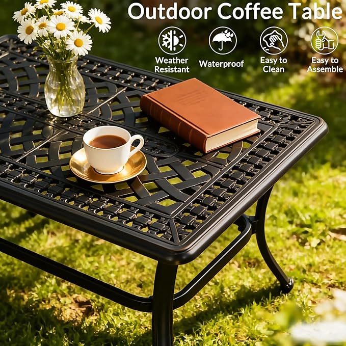 MEETWARM Outdoor Coffee Table, All-Weather Cast Aluminum 42" Rectangle Patio Coffee Table, 220 LBS Heavy Duty Patio Side Table for Balcony Poolside Deck Garden & Indoor Use, Dark Bronze