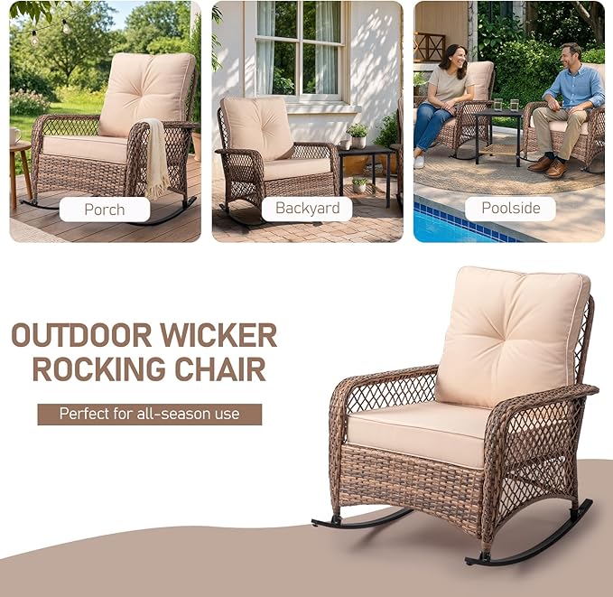 Outvita Outdoor Wicker Rocking Chair, Patio Rattan Rocker Chair w/Cushions & Steel Frame, All-Weather Rocking Lawn Wicker Furniture for Garden Backyard Porch Deck (Beige)