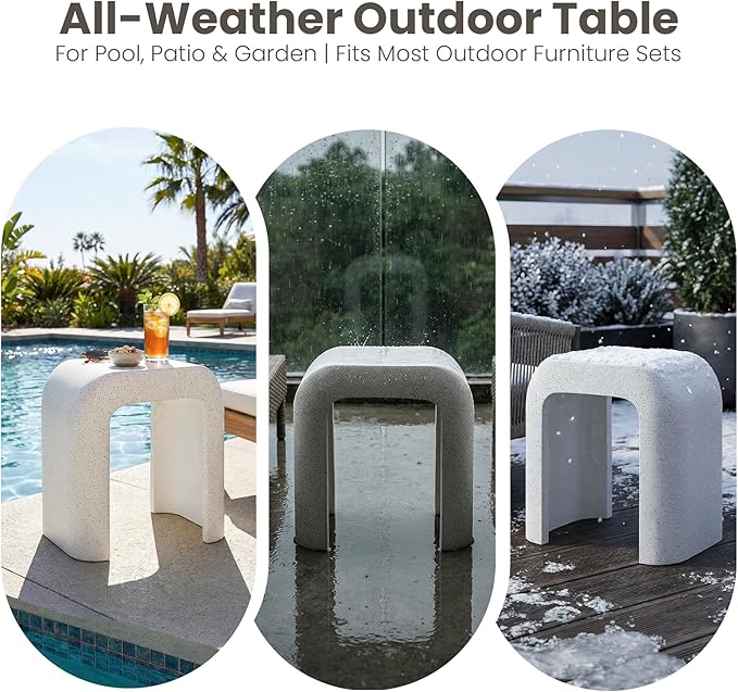 COSIEST White Outdoor Side Table, 17.7" Modern Concrete End Table with Arched Open for Patio, Small Outside Accent Table & Plant Stand for Garden, Porch, Deck, Balcony