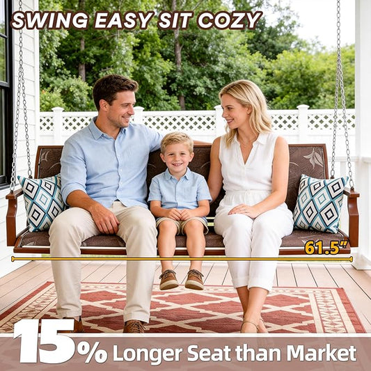 Heavy Duty Porch Swing Outdoor, 900LBS Capacity Textilene Hanging Bench Swing Chair with Extended Chains, 3-Seat Patio Swing with Pillows, Weather-Resistant for Tree, Patio, Backyard, Brown