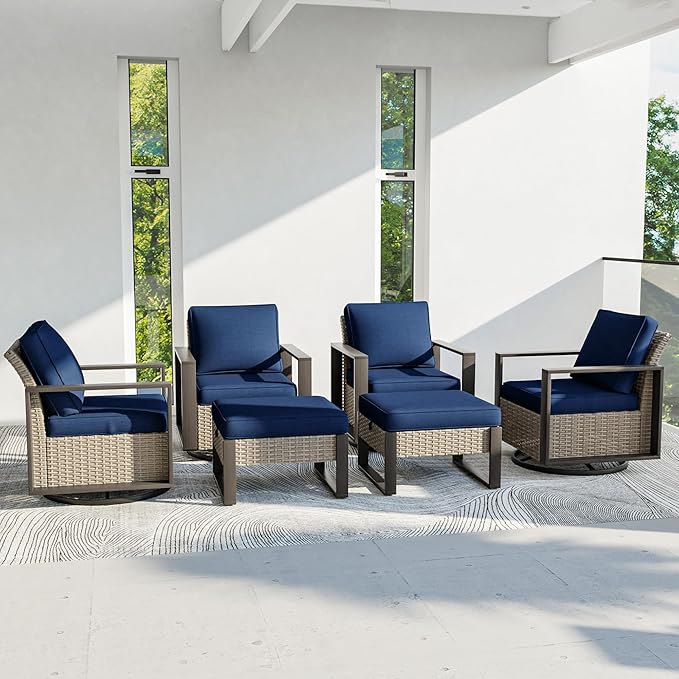 Outdoor Patio Furniture Set, 6 Piece Wicker Patio Conversation with Deep Seating, Thicken Cushions, Outdoor Swivel Rocker Patio Chairs, Metal Outdoor Furniture for Deck, Porch, Yard Use