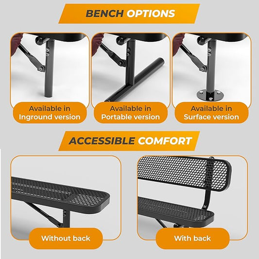 Heavy-Duty Outdoor Metal Bench, Thermoplastic-Coated, Surface, Weatherproof, Commercial-Grade for Parks, Gardens, Patios, Stores & More (6 Ft - Surface with Back, Blue)
