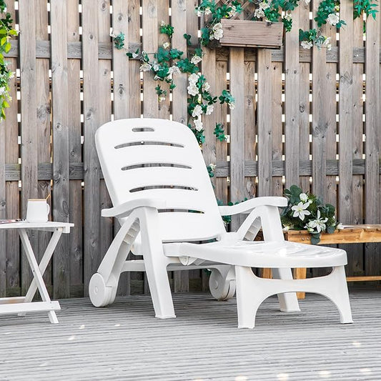 Outsunny Outdoor Chaise Lounge, 5 Level Adjustable Backrest Lounge Chair with Wheels, Folding Tanning Chair for Pool, Beach, Patio, Garden, White