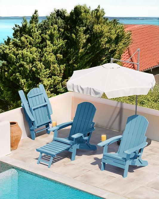 YEFU Adjustable Adirondack Chair with Footrest, 5-Level Adjustable Adirondack Chair with Retractable Ottoman & 2 Cup Holder, Folding Adirondacks Chairs Use for Outdoor, Pool, Patio, Fire Pit (Blue)