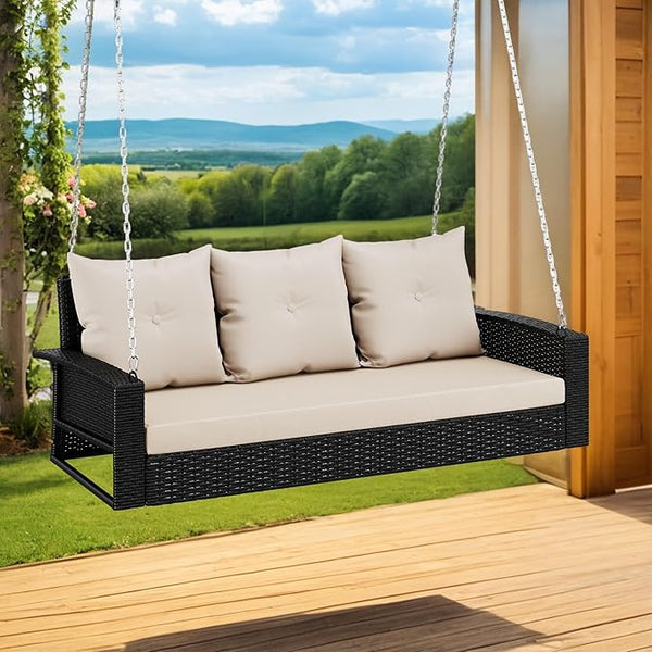 YITAHOME 3-Seats Outdoor Hanging Porch Swing Chair Rattan Black Wicker Patio Swing Chair with Swing Lounge 3 Light - Photo 1