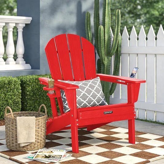 Folding Adirondack Chair with Dual Cup Holders, All-Weather HDPE Patio Chair Deck Chairs Outdoor, Fire Pit Chairs for Garden, Lawn, Poolside, Backyard, Pool - Red (Wood-Look)