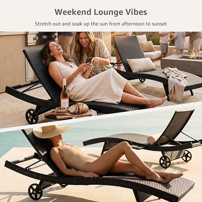 Set of 6 Black Outdoor Chaise Lounge Chairs, Wicker Patio Lounge Chairs with Adjustable Backrest and Wheels, Durable PE Rattan Pool Chair for Patio, Poolside and Garden