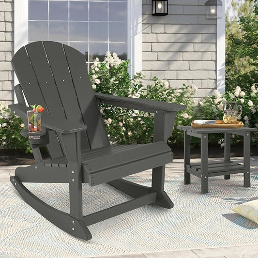 Outdoor Rocking Chair Set of 4, HDPE Poly All-Weather Patio Rocking Chairs with Cup Holder for Adults, Porch Rocker for Deck Patio Balcony, 440lbs, Dark Gray