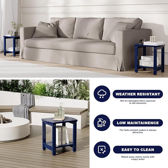 Adirondack Side Table, Double Outdoor Side Tables 18" Solid End Tables, Small Outdoor Coffee Table Pine Wood Weather Resistant for Patio, Backyard,Pool (18-Navy Blue, Set of 2)