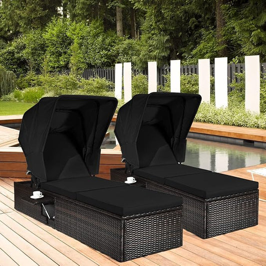 Tangkula 2PCS Outdoor Chaise Lounge Chair with Folding Canopy, Adjustable Cushioned Reclining Chair with Flip-up Tea Table, Rattan Sun Lounger for Beach Poolside Backyard Balcony Porch (2, Black)