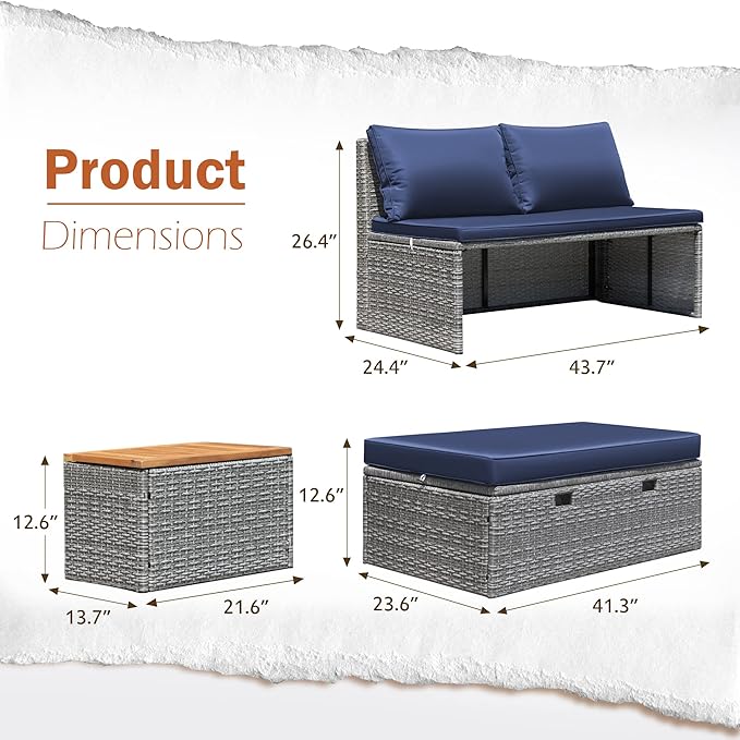 Greesum Patio Furniture Set Multifunctional Outdoor Sectional Sofa Rattan Chaise Lounge Wicker Daybed with Couch, Cushions, Storage Ottoman and 2 Side Tables for Backyard Porch Poolside Lawn,Blue