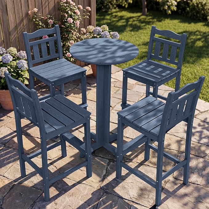 5-Piece Outdoor Bar Set, HDPE Adirondack Bar Height Chairs Set of 4 and Round Pub Table, All Weather Outdoor Patio Bar Furniture for Bistro, Deck, Balcony, Poolside (Navy Blue)
