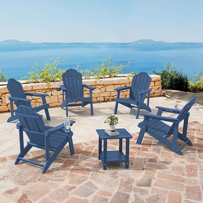 HDPE Adirondack Chairs Set of 2, Weather Resistant Outdoor Seating with Hidden Cup Holder for Porch, Poolside, Deck & Lake House, Blue