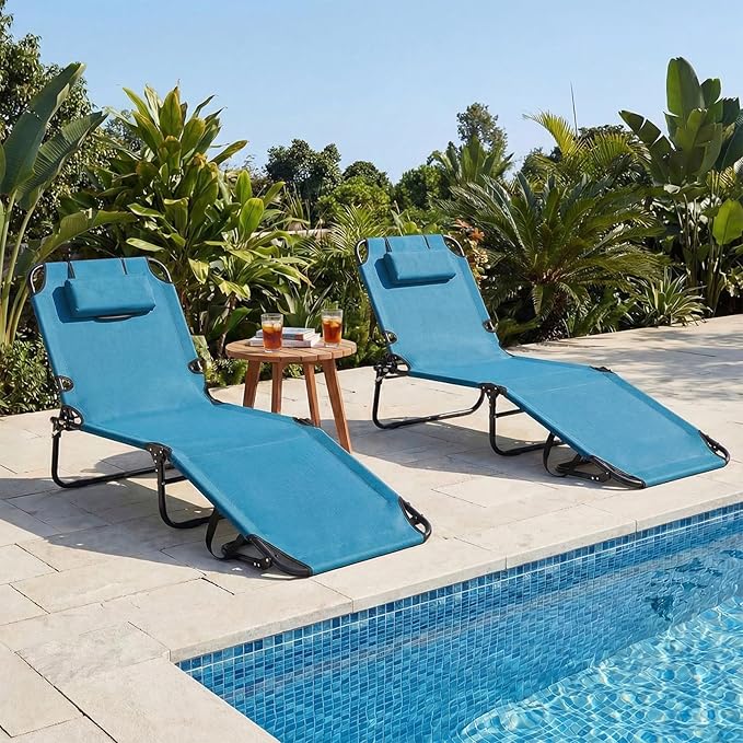 GYMAX Tanning Chair, Folding Lounge Chairs with Face Hole & Cover, Removable Pillow Carry Handle, Portable Compact Outdoor Layout Recliner for Beach, Poolside, Lawn, Patio, Camping (Blue,2)