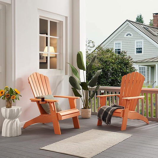 Psilvam Adirondack Chair, Oversized Poly Lumber Fire Pit Chair with Cup Holder, 350Lbs Support Patio Chairs for Garden, Weather Resistant Outdoors Seating, Relaxing Gift for Father & Mother (Orange)
