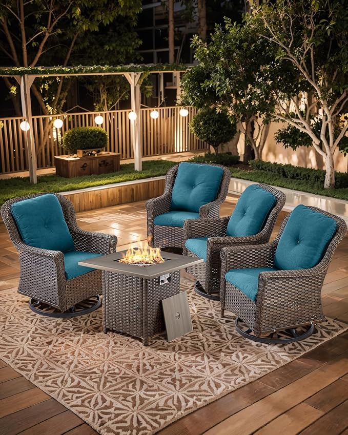 Outdoor Patio Swivel Gliders with Fire Pit Table 5 Piece Set - High Back Brown Wicker Rattan Rocking Chair with Thick Cushion for Porch Apartment Deck Yard Poolside Garden - Peacock Blue