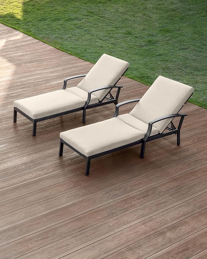 2 Pieces Patio Chaise Lounge Chairs, Never Rust Aluminum Outdoor Pool Lounge Chairs with Gray Cushion, 6-Position Adjustable Backrest Outdoor Loungers Pool Chaise Chair for Beach, Gunmetal