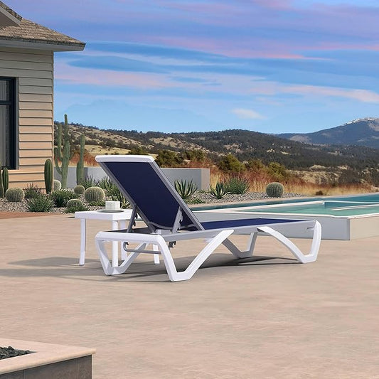 PURPLE LEAF Patio Chaise Lounge Chair Set Outside Aluminum Plastic Stackable Tanning Chairs with Side Table for Pool Sunbathing Beach Deck Outdoor Lounger, Navy Blue