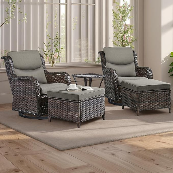 Rilyson Wicker Patio Furniture Set - 5 Piece Rattan Outdoor Sectional Conversation Sets with 2 Swivel Rocking Chairs - Photo 1