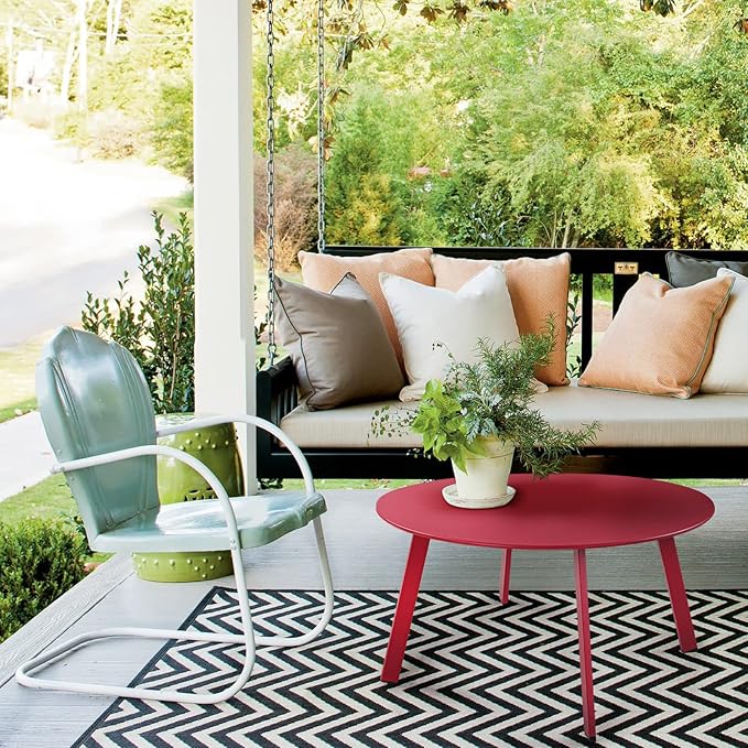Grand patio Outdoor Side Table, 28-inch Powder Coated Steel Round Coffee Table for Porch, Deck, Balcony, Poolside, Dark Red