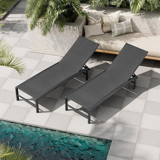 Crestlive Products Chaise Lounge Chair Outdoor Set of 2, Adjustable 5 Positions Pool Lounge Chairs, Metal Tanning Recliner, Outdoor Furniture All Weather for Patio, Beach, Yard, Pool(Black)