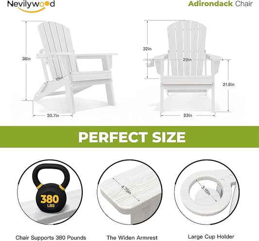 nevilywood HDPE Foldable Fire Pit Chairs Set of 2 with Cup Holders,Wood Grain Durable Design,Perfect for Patio,Backyard & Outdoor Gatherings, White