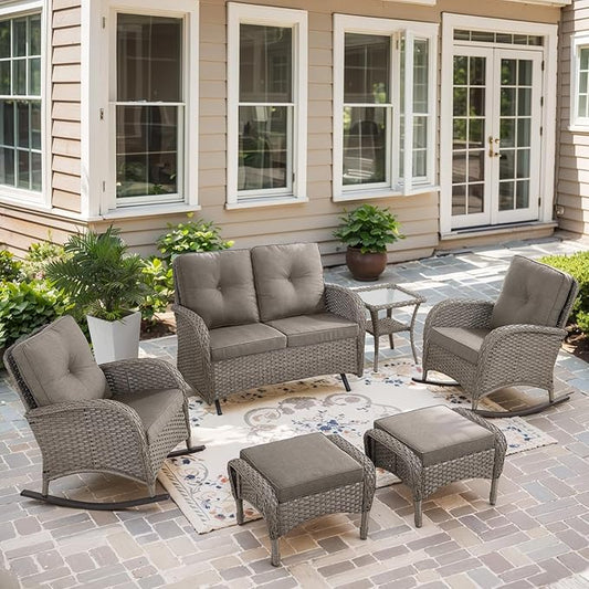 Belord 6 Pieces Wicker Patio Furniture Set with Patio Rocking Chairs, High Back Patio Conversation Set Outdoor Loveseat Glider with Ottoman and Rattan Side Table for Sunroom Deck Backyard