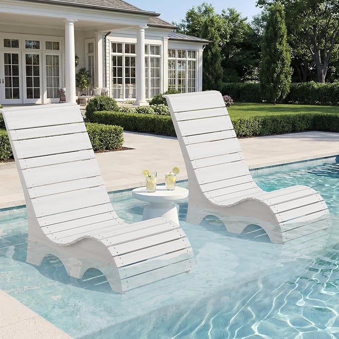Pool Lounge Chairs Set of 2 for Baja Shelf, Ergonomic S-Contour Pool Lounger for Ultimate Comfort, HDPS Non-Absorbent Material Pool Chairs with Unique M-Shape Base Anti-Float for Patio (White)