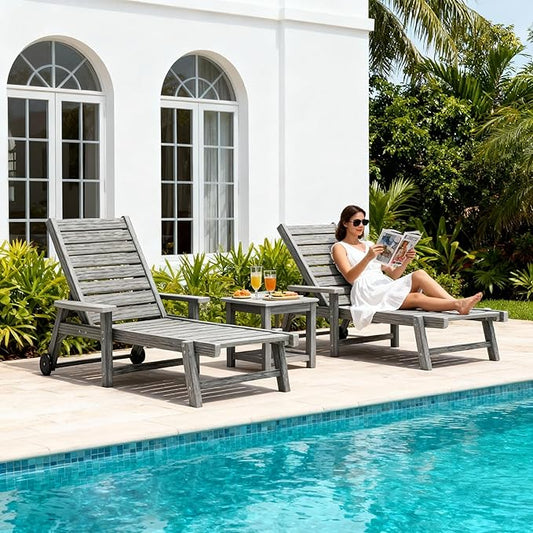 Chaise Lounge Chairs for Outside, HDPE Outdoor Lounge Chairs with Adjustable Backrest, Wheels, Armrest, All Weather Poly Lumber Recliner for Patio, Poolside, Porch (Grey)