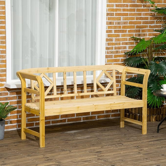Outsunny Wooden Patio Bench, Outdoor Garden Bench with Backrest and Armrests, 3 Person Porch Bench with Rustic Country Diamond Pattern, Natural