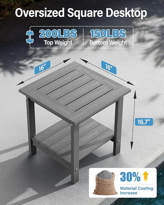 YEFU Outdoor Side Table for Patio: 16x16 in HIPS Small Square Outdoor End Table - 2-Tier Adirondack Tables for Patio Porch Poolside Living Room Beach Bedroom, Grey