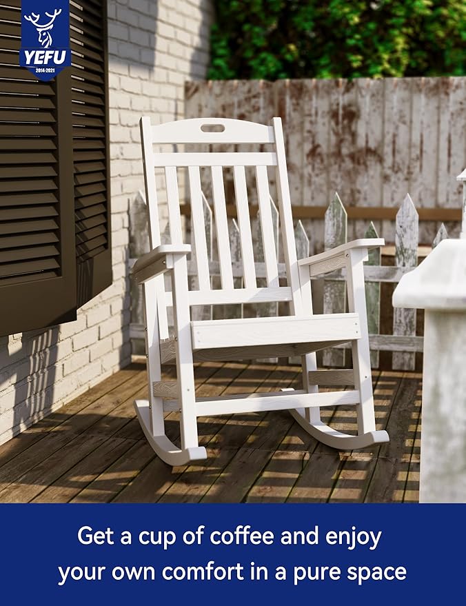 YEFU Outdoor Rocking Chair Porch: Outdoor Patio Rocking Chairs-Oversized Rocker Chair-All Weather Poly Rocker Lawn Chairs for Adult-Seat Area 22"x21"-Backrest Height 31"-380lbs Weight Capacity-White