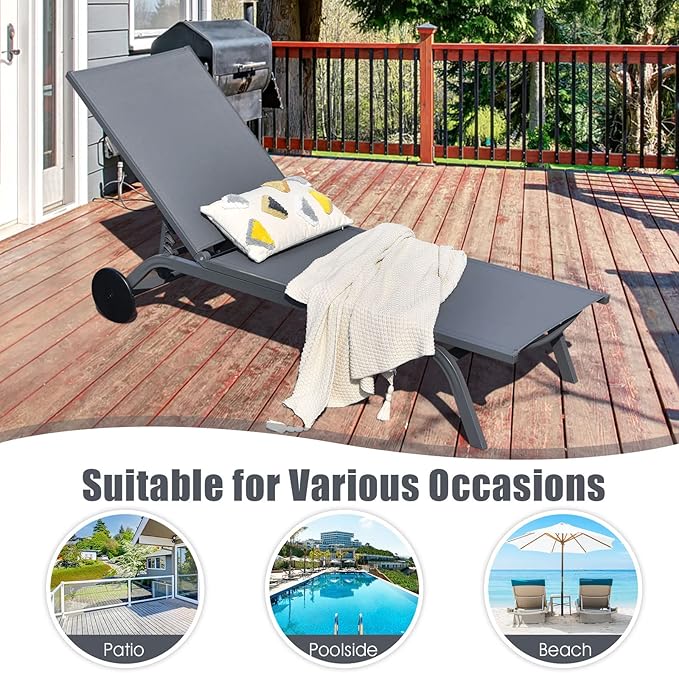 Tangkula 2 Pieces Outdoor Aluminum Chaise Lounge, Patio Lounge Recliner Chair w/6 Adjustable Backrest, Reclining Chaise Chair with Wheels for Beach, Yard, Balcony, Poolside (2, Gray)