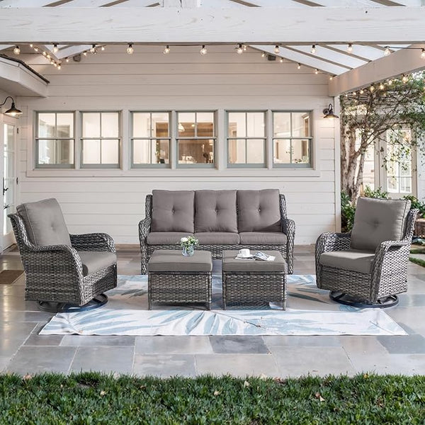 Belord 5 Piece Wicker Patio Furniture Set, Outdoor Swivel Rocker Chairs Set of 2 with Ottomans and 3 Seater Sofa - Photo 1