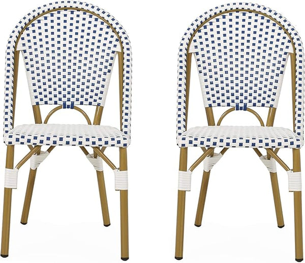 Christopher Knight Home Philomena Outdoor French Bistro Chair (Set of 2), Blue + White + Bamboo Print Finish - Photo 1