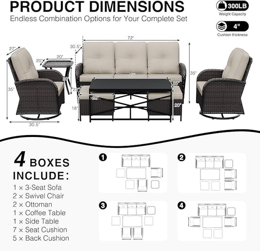 Joyside Wicker Patio Furniture Set, 7 Piece Outdoor Furniture Set with Thickened Cushions, High Back, Deep Seating, Wide Armrest, Outdoor Swivel Rocker Chairs for Porch, Deck
