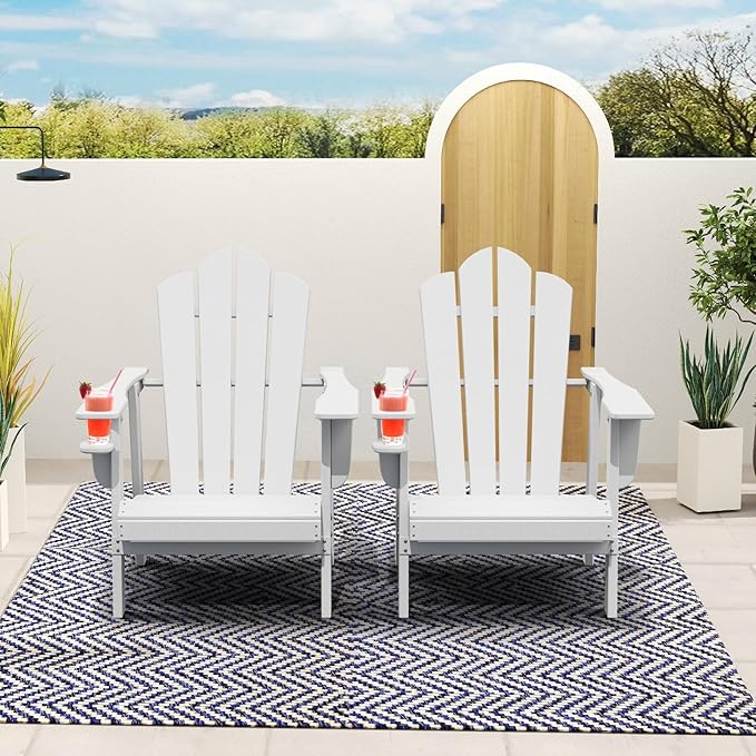 PROHIKER Adirondack Chair Set of 2, HDPE Outdoor Patio Chair with Cup Holder All Weather Outdoor Chairs for Lawn Garden Porch Backyard, Plastic, White