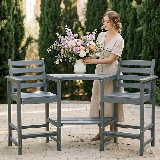 Kingdura Tall Adirondack Chairs Set of 2, Weather Resistant HDPE Bar Height Outdoor Stools with Removable Double Connecting Trays, Wooden Grain for Patio, Balcony, Deck (Grey)