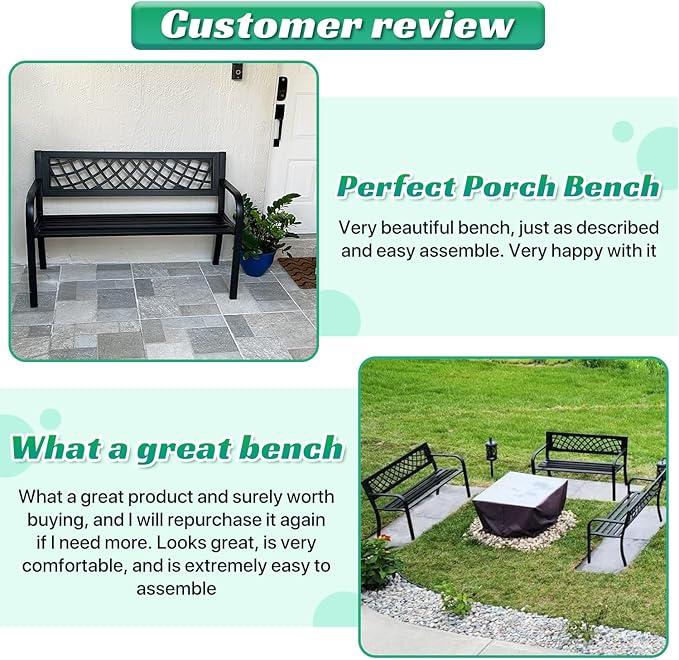 Dkeli Patio Outdoor Bench Park Metal Sturdy Cast Iron Garden Benches Porch Chair Seat Furniture with Armrests 480BLS Bearing Capacity for Park Yard Deck Entryway, Black