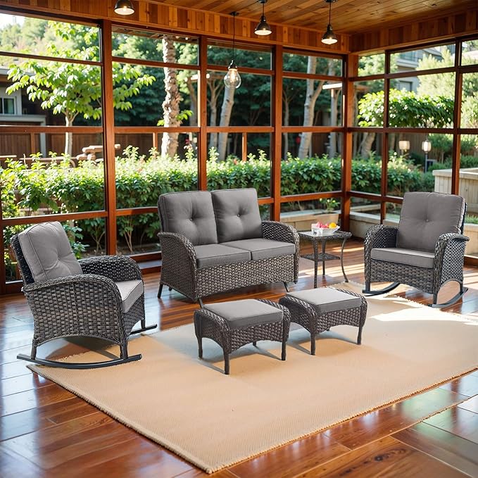 Belord Outdoor Glider Bench Patio Loveseat - 500 Lbs Weight Capacity 2 Seater Wicker Sofa, Small Porch Glider Furniture All Weather Rattan Couch with Removble Cushion for Balcony Deck Backyard, Brown