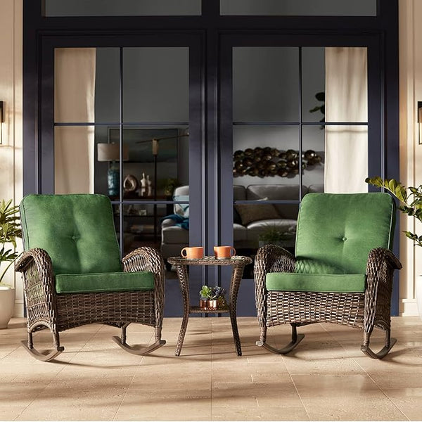 Teal Island Designs Madden 3-Piece Rattan Outdoor Green Rocking Chair Set with Occasional Table - Photo 1