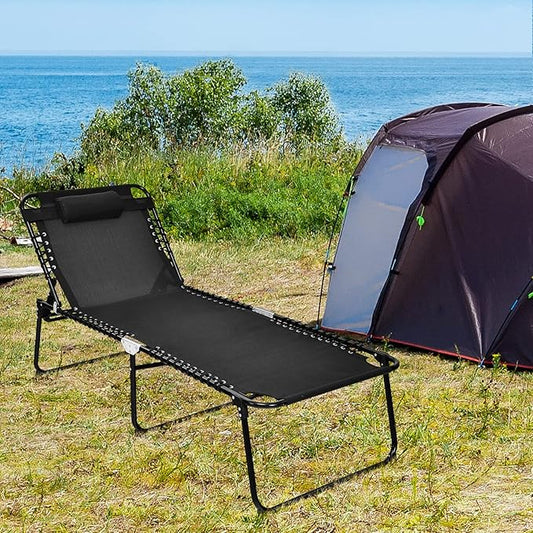Tangkula Widen Folding Chaise Lounge Chair, Portable Camping Recline Chair w/4 Backrest Positions, 2 Leg Positions, Pillow, Sunbathing Beach Chair for Outdoor, Lawn, Patio, Support 400lbs (1, Black)