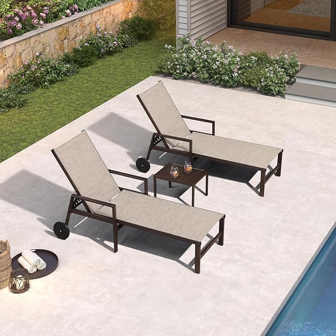 PURPLE LEAF Outdoor Chaise Lounge Chair Set of 2 with Armrests, Aluminum Patio Loungers with Wheels and Adjustable Backrest, Includes Side Table for Deck, Outside, Lawn, Garden, Beige