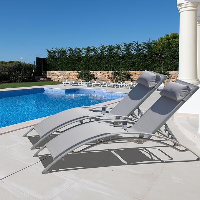 Outdoor Chaise Lounge Set of 2, Aluminum Patio Outdoor Lounge Chair for Beach Pool Sunbathing, Lawn Lounger Recliner Chair with 5 Adjustable Position, Outside Tanning Chairs with Armrest, Grey