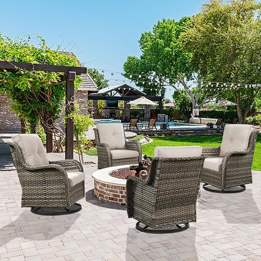 Belord Wicker Chairs 4 PC Outdoor Swivel Rocker Set, Patio Swivel Glider Chairs Set of 4, Grey Wicker Outdoor Furniture with Beige Cushions for Patio Porch Deck Sunroom