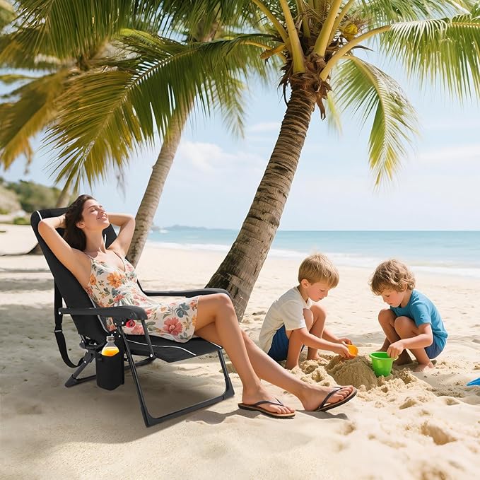 Folding Chaise Lounge Chair for Outdoor – Portable Backpack Reclining Camping Chair with Adjustable Backrest, Pillow & Breathable Fabric, Heavy-Duty 330lbs Capacity, Sun Lounger for Beach Patio Garden