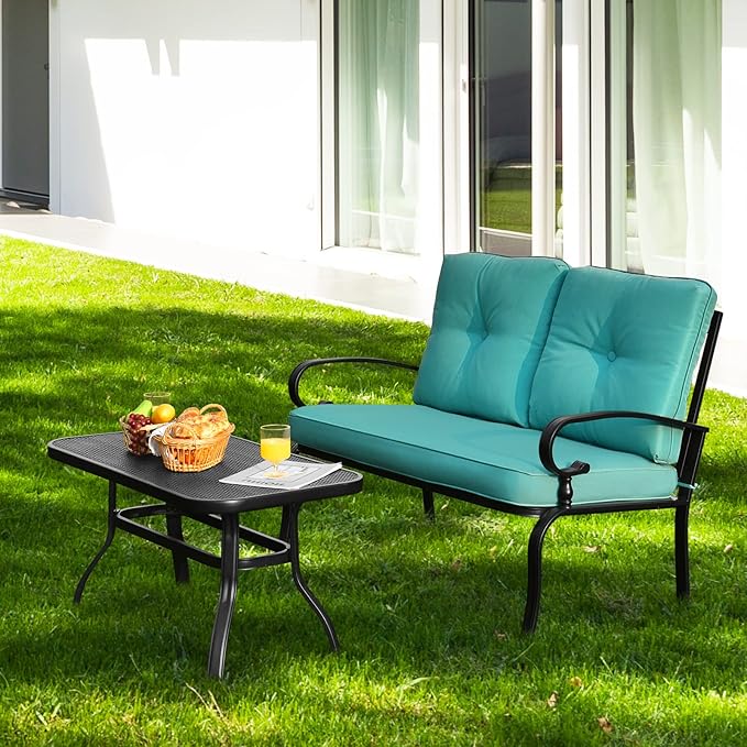 RELAX4LIFE Patio Loveseat with Coffee Table - 2-Piece Patio Conversation Sofa Set w/Backrest & Cushions, Modern Outdoor Glider Bench for Garden, Backyard, Poolside, Metal Porch Furniture (Turquoise)
