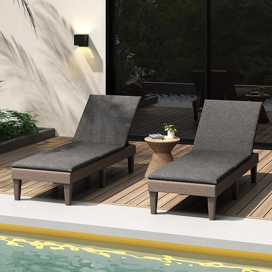 HAPPYGRILL Outdoor Chaise Lounge Chair Rattan Recliner Lounger with Removable Cushion & 3-Level Adjustable Backrest, Patio Tanning Chair (Brown & Grey,2)